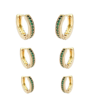 Trio de Argolinhas Cravejadas Esmeralda Banhado a Ouro 18K